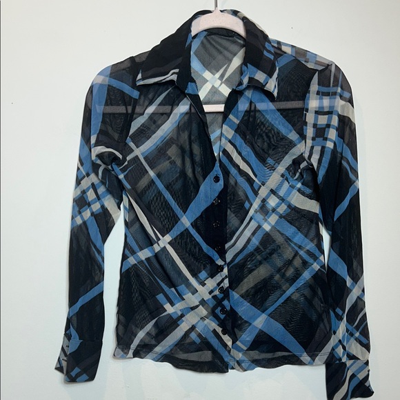 New York & Company Tops - Y2K Blue and Black Sheer Plaid Fitted Button-Up Shirt